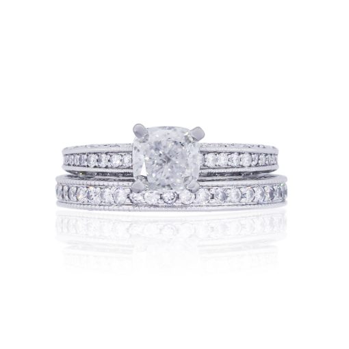 14k White Gold 0.84ct GIA Certified Cushion Cut Diamond Ring and AGL Certified Diamond Band Set