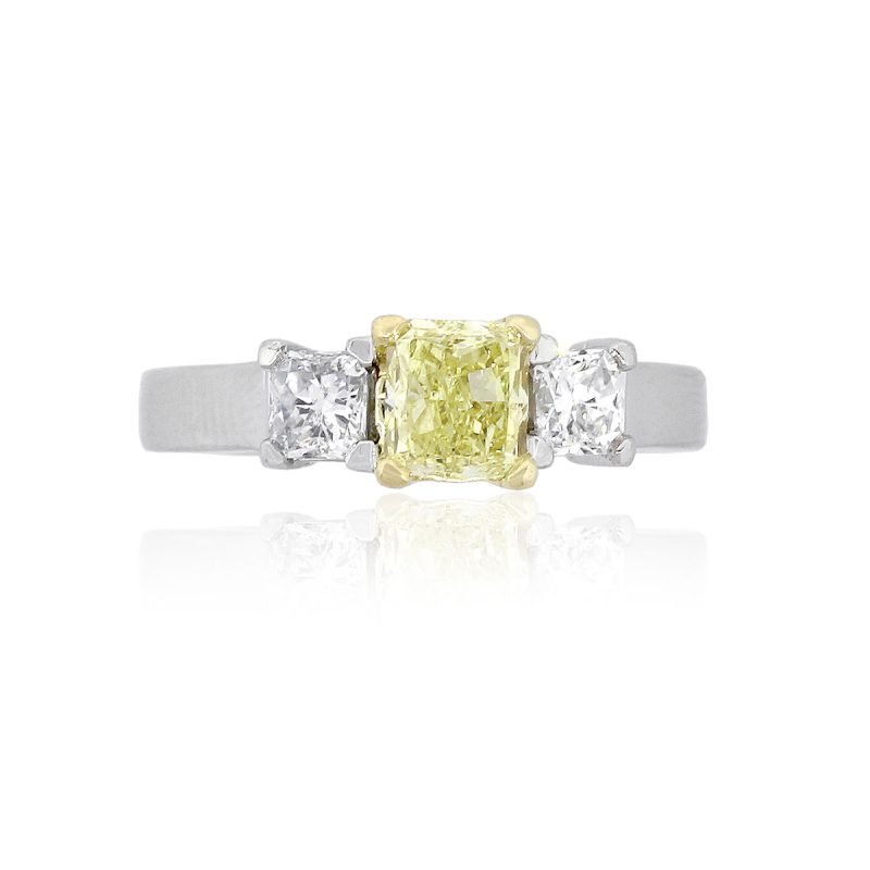 Platinum and 18k Yellow Gold 1ct Radiant Cut Diamond Three Stone Engagement Ring