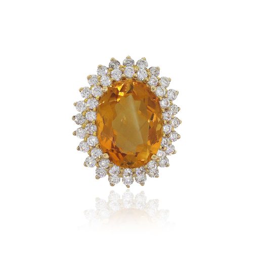 14k Yellow Gold Oval Citrine With Double Diamond Halo Pendant