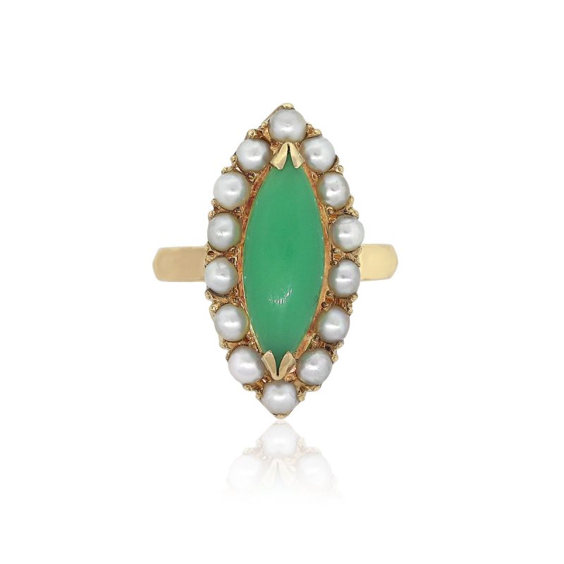 14k Yellow Gold Marquise Shaped Jade With Seed Pearl Ring