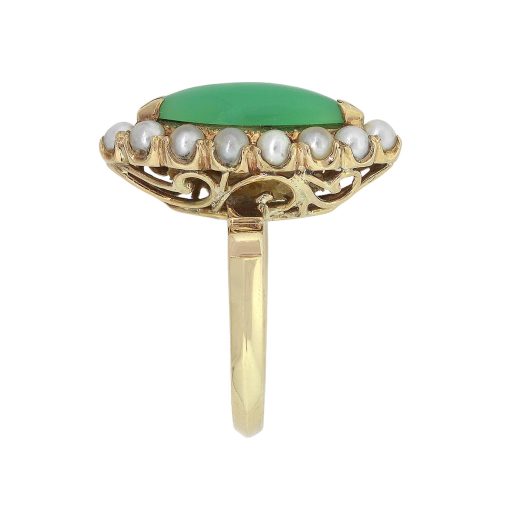 14k Yellow Gold Marquise Shaped Jade With Seed Pearl Ringv