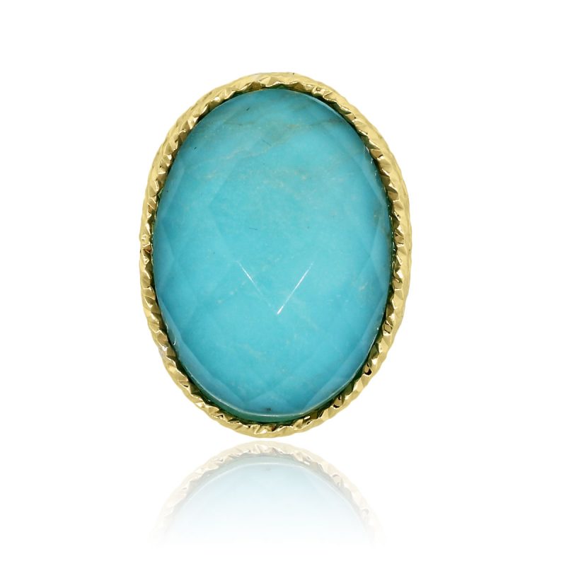14k Yellow Gold Oval Turquoise Doublet Checkered Pattern Rope Bezel Ring