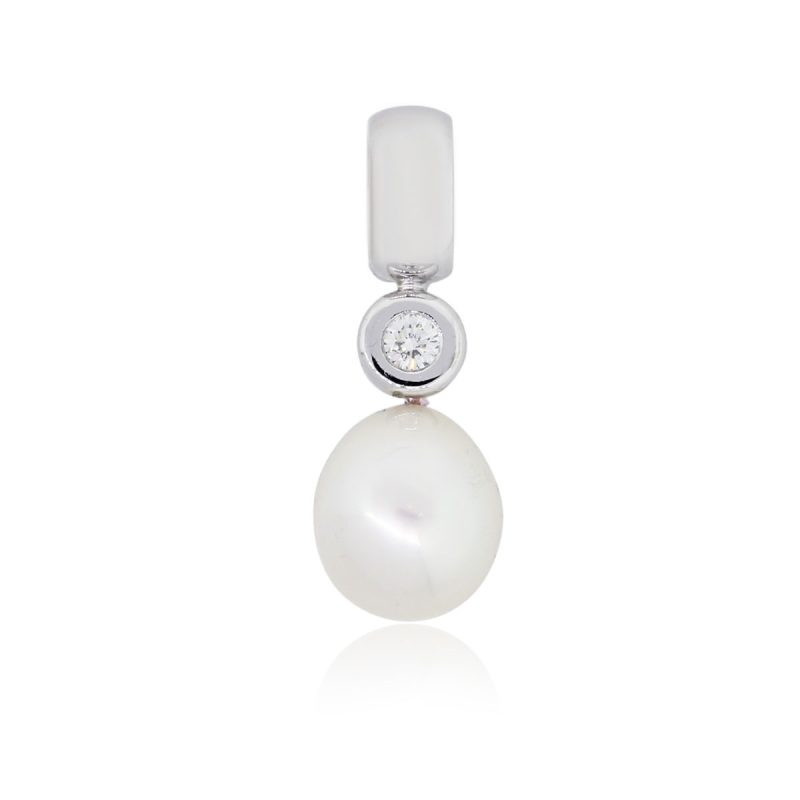 18k White Gold 12mm Pearl and 0.20ct Diamond Pendant
