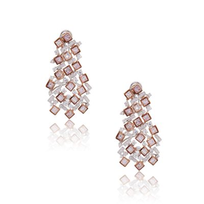 18k Two Tone 6.22ctw Pink and White Diamond Cluster Earrings