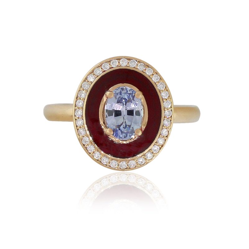18k Rose Gold 0.95ct Oval Sapphire Dark Red Enamel Ring With Diamonds