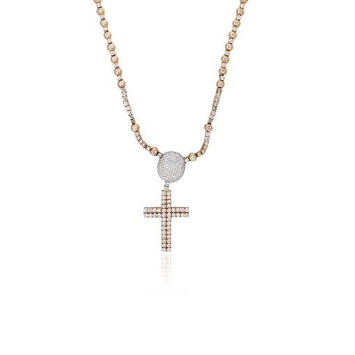 14k Rose Gold 20ctw Round Diamond Pave Cross Necklace