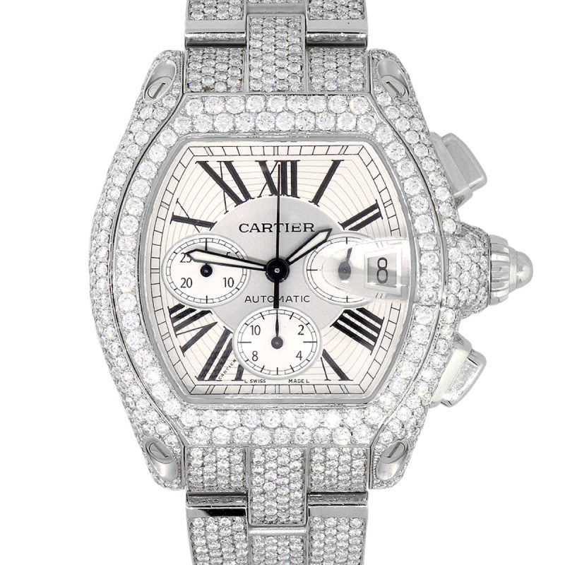 Cartier Roadster Stainless Steel Chronograph Silver Dial Diamond Watch