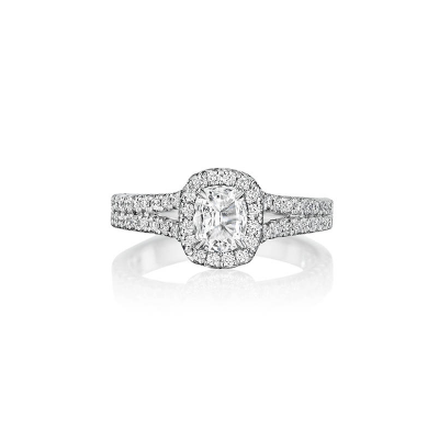 Henri Daussi AU26OA 18k White Gold 0.90ct Cushion Cut Diamond Halo Engagement Ring