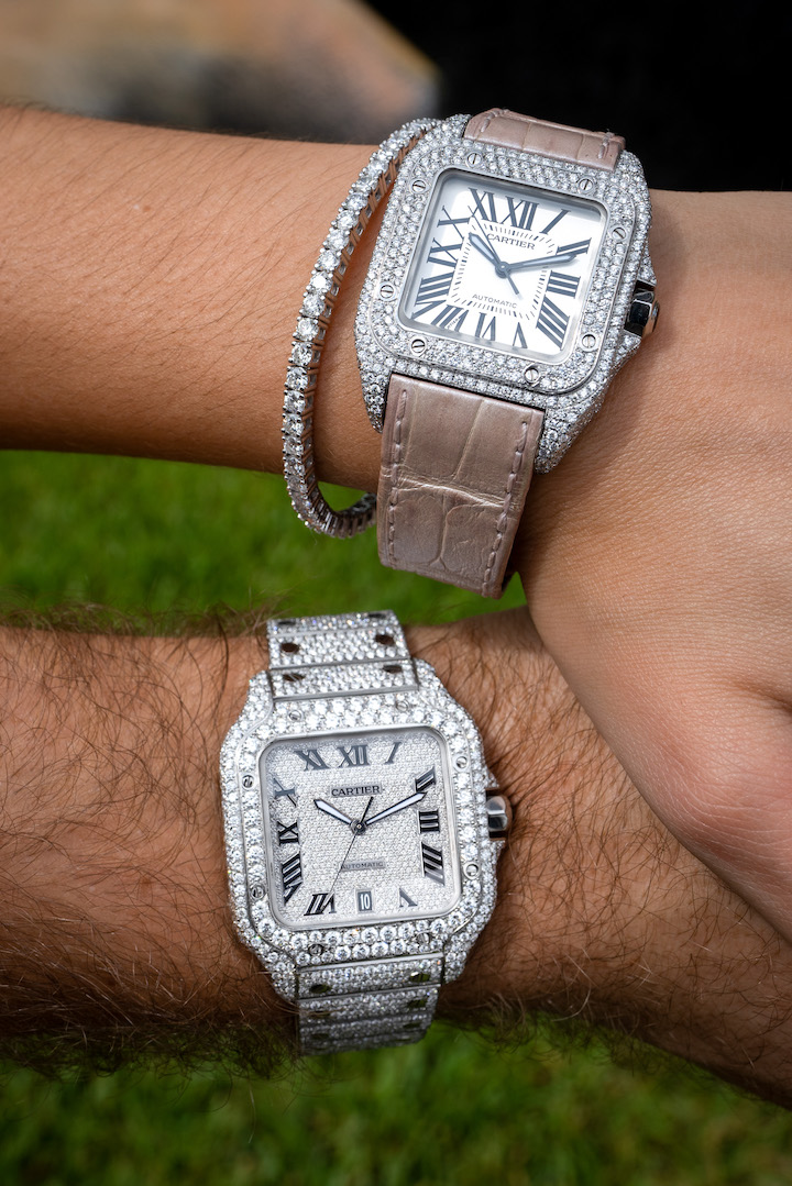 The Perfect His and Hers Watch Set: Bustdown Cartier Santos Watches
