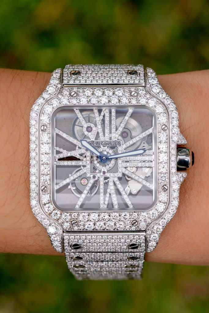 Hands-On With A New Fully Iced Out Santos de Cartier Skeleton Watch
