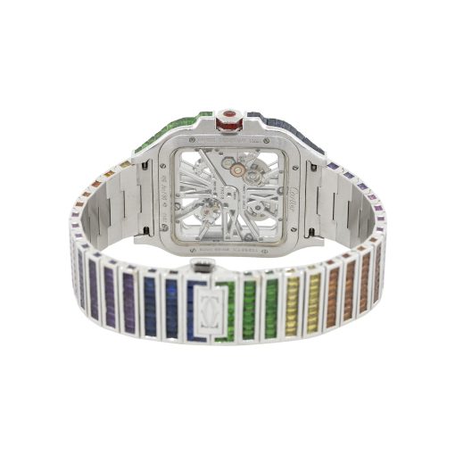 Cartier Santos Skeleton 18k White Gold Multi Color Sapphire Watch