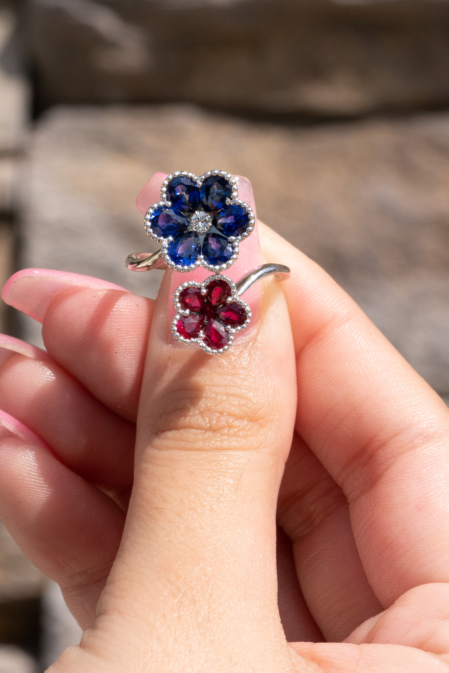 Gold Sapphires and Ruby Floral Bypass Ring