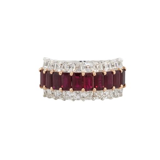 18k White Gold Ruby & Diamond Three Row Wide Ring