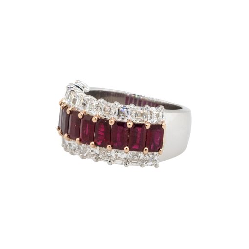 18k White Gold Ruby & Diamond Three Row Wide Ring