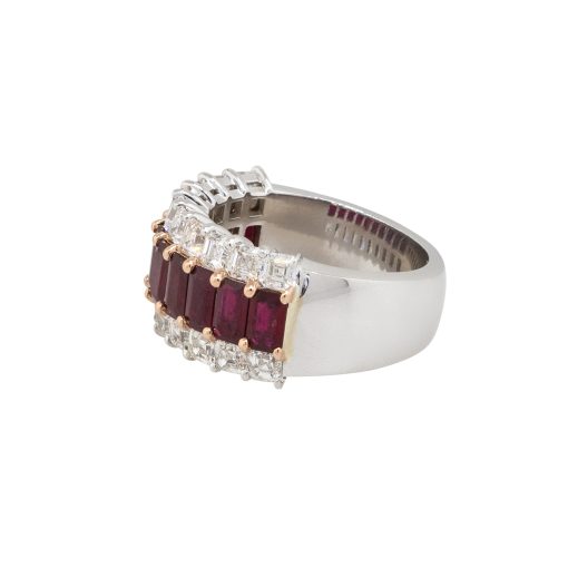 18k White Gold Ruby & Diamond Three Row Wide Ring