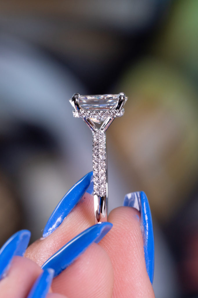 a cushion cut diamond in an engagement ring