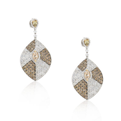 18k Tri-Toned Gold 9.80ctw Diamond Pave Big Leaf Dangle Earrings