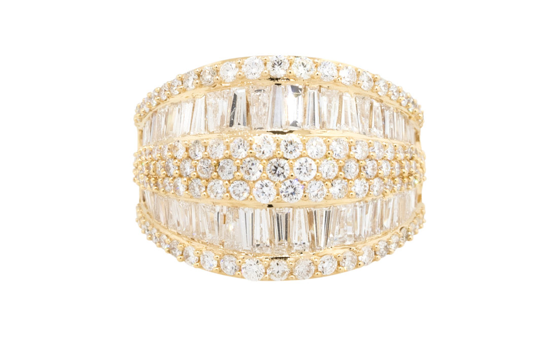 18k Yellow Gold Round/Baguette Diamond Two Row Wide Ring