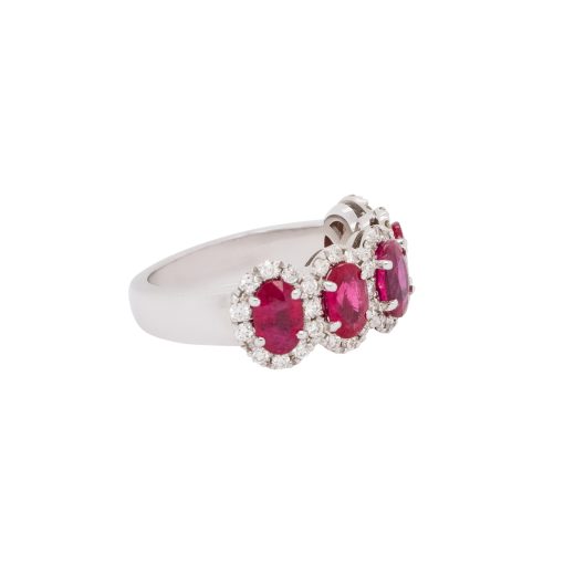 18k White Gold Oval Ruby With Diamond Halo Five Stone Ring