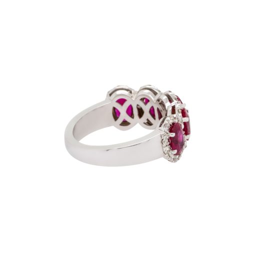 18k White Gold Oval Ruby With Diamond Halo Five Stone Ring