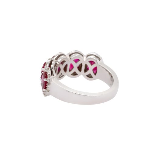 18k White Gold Oval Ruby With Diamond Halo Five Stone Ring