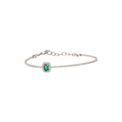 14k White Gold 0.68ctw Diamond Halo Emerald Narrow Bangle Bracelet