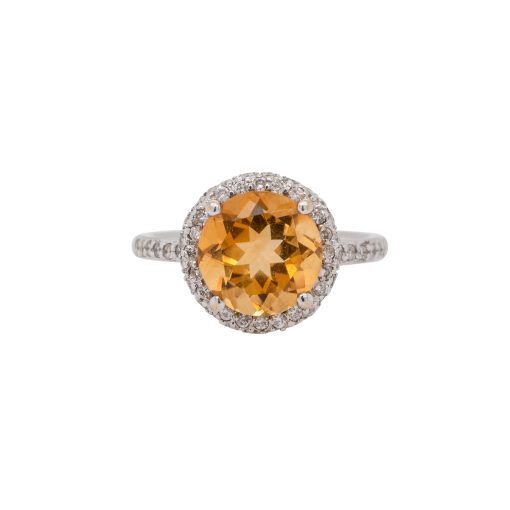 18k White Gold Round Cut Citrine Ring with Diamonds