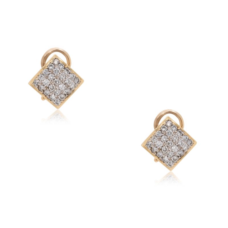 14k Yellow Gold Pave Diamond Square Stud Earrings