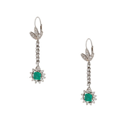 18k White Gold Emerald & Diamond Flower Dangle Earrings