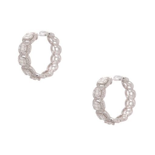 18k White Gold 2.05ctw Round & Baguette Diamond Illusion Hoop Earrings