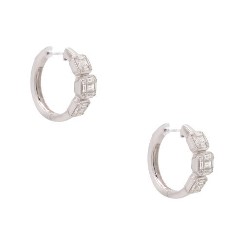 18k White Gold 3.49.ctw Diamond Three Station Hoop Earrings 