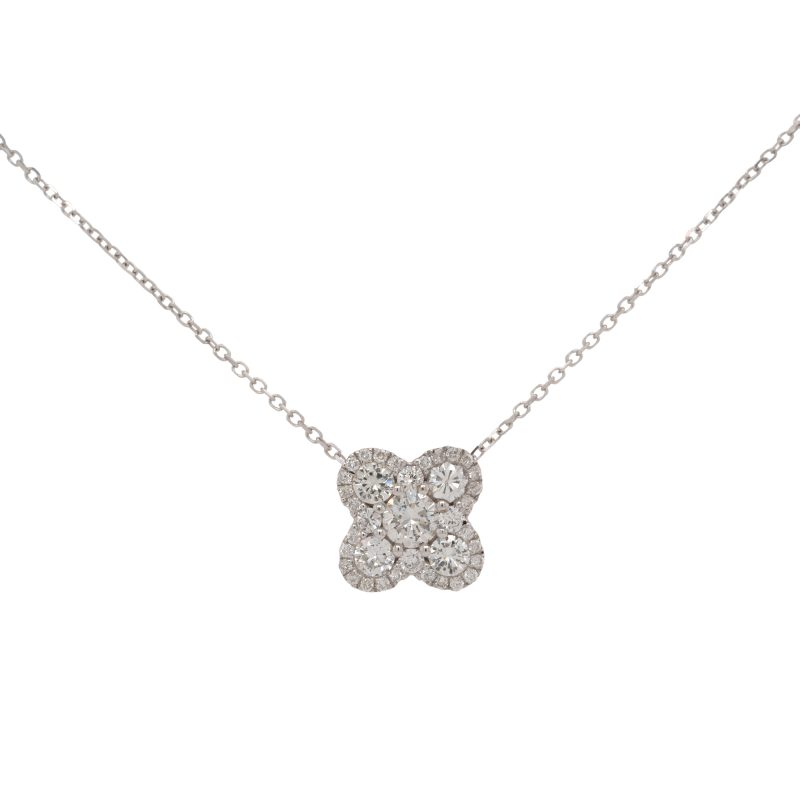 18k White Gold 0.57ctw Diamond Cluster Clover Pendant Necklace