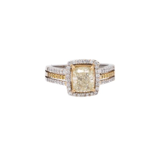 14k Two Tone 2.03ct Natural Cushion Cut Fancy Yellow Wide Ring