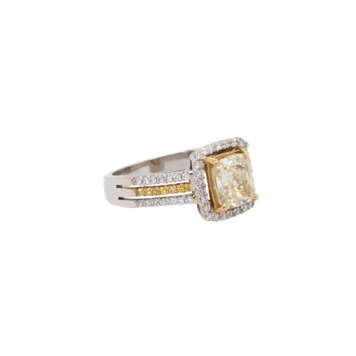 14k Two Tone 2.03ct Natural Cushion Cut Fancy Yellow Wide Ring