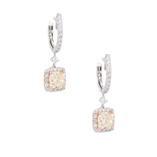 18k Two Tone 2ct GIA Certified Cushion Cut Diamond Dangle Earrings