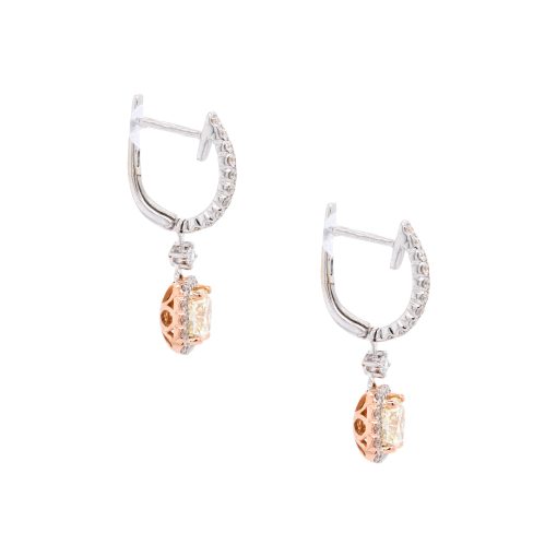 18k Two Tone 2ct GIA Certified Cushion Cut Diamond Dangle Earrings