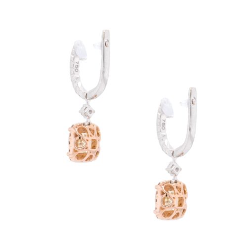 18k Two Tone 2ct GIA Certified Cushion Cut Diamond Dangle Earrings