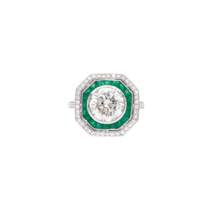 Platinum 3.66ct Natural Round Brilliant Diamond & Emerald Ring
