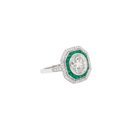 Platinum 3.66ct Natural Round Brilliant Diamond & Emerald Ring