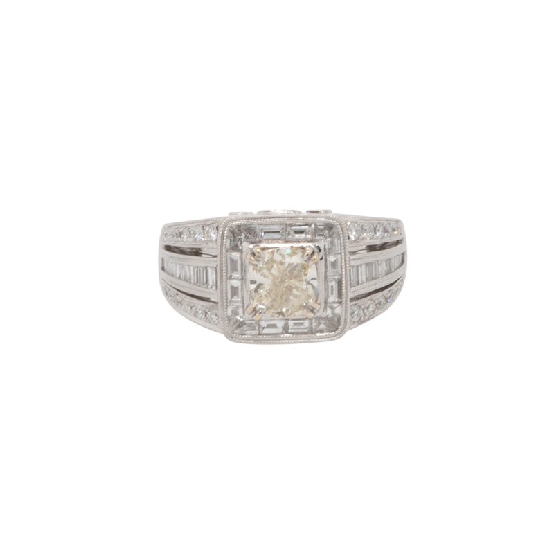18k White Gold 1.52ct Natural Cushion Cut Diamond Pave Wide Ring