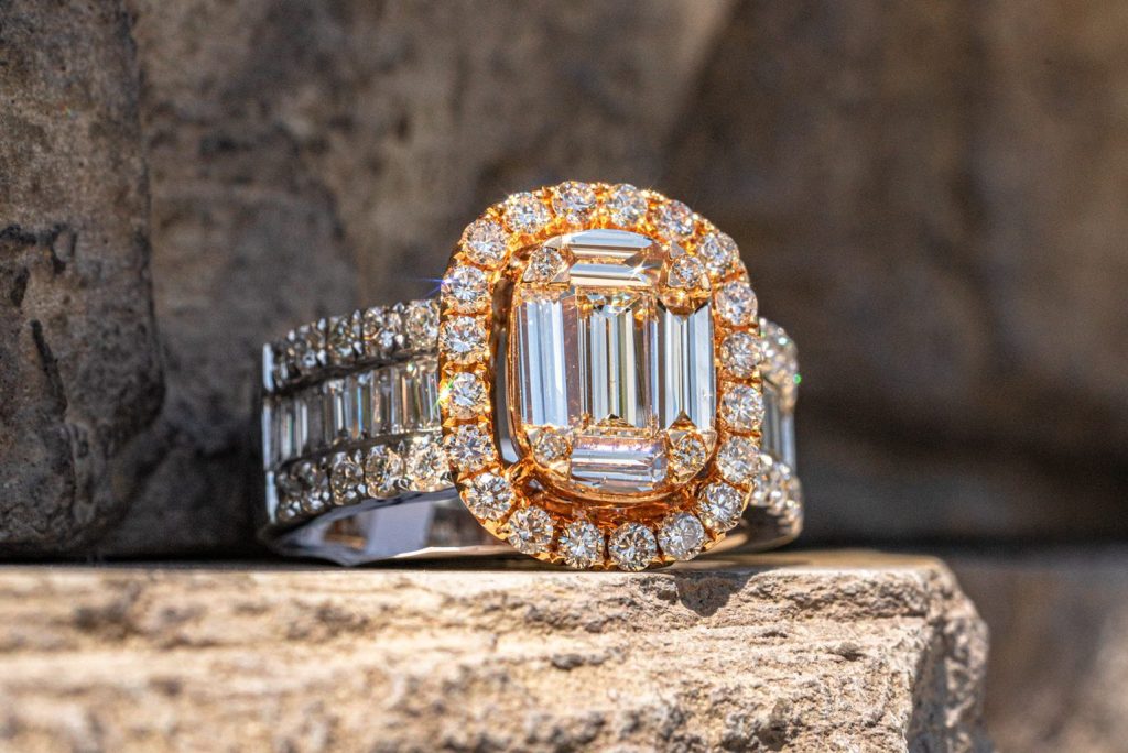 Close-up of certified natural gemstones and lab-created gemstones side by side for comparison – Diamonds by Raymond Lee 2025