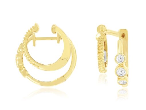 14K Yellow Gold Three Stone Double Hoop Earrings