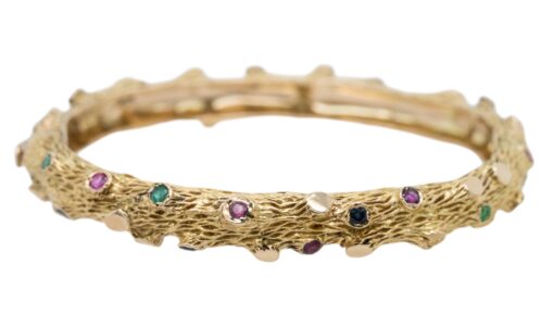 14k Yellow Gold Bark Finish Bangle Set With Emeralds and Sapphires - Image 2