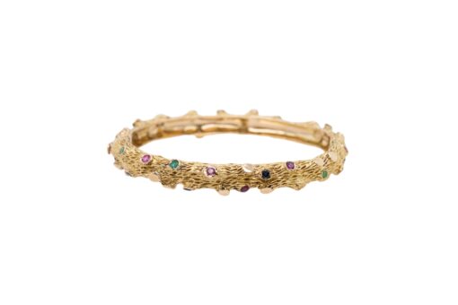 14k Yellow Gold Bark Finish Bangle Set With Emeralds and Sapphires