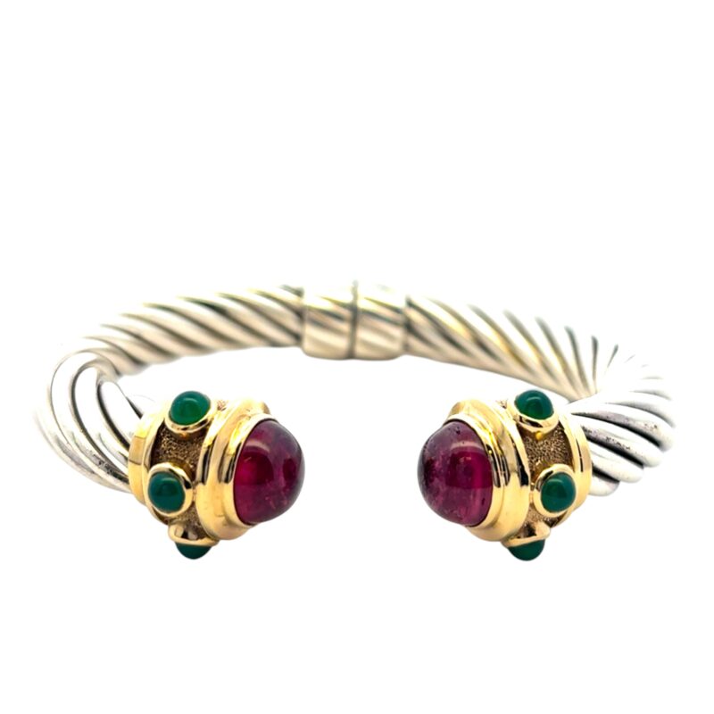 David Yurman 14k Yellow Gold and Sterling Silver Amethyst and Chrysophrase Renaissance Bangle