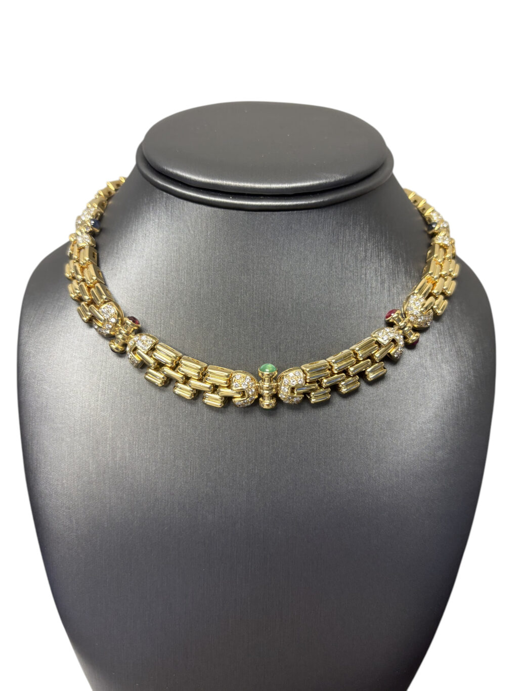 18k Yellow Gold Necklace with Cabochon Ruby Sapphire and Emeralds, Approximately 3ctw of Natural Diamonds