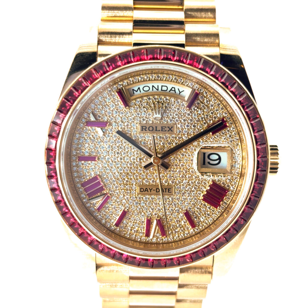 Rolex Day-Date 228398TRU Yellow Gold Roman Dial Ruby Bezel
