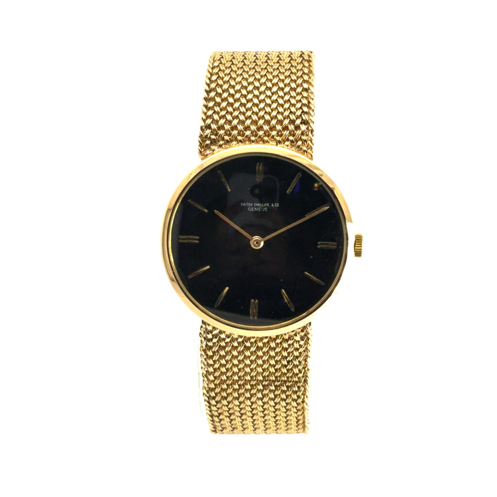 Patek Phillipe 18k Yellow Gold Vintage Black Dial Aftermarket 14k Soldered on Bracelet
