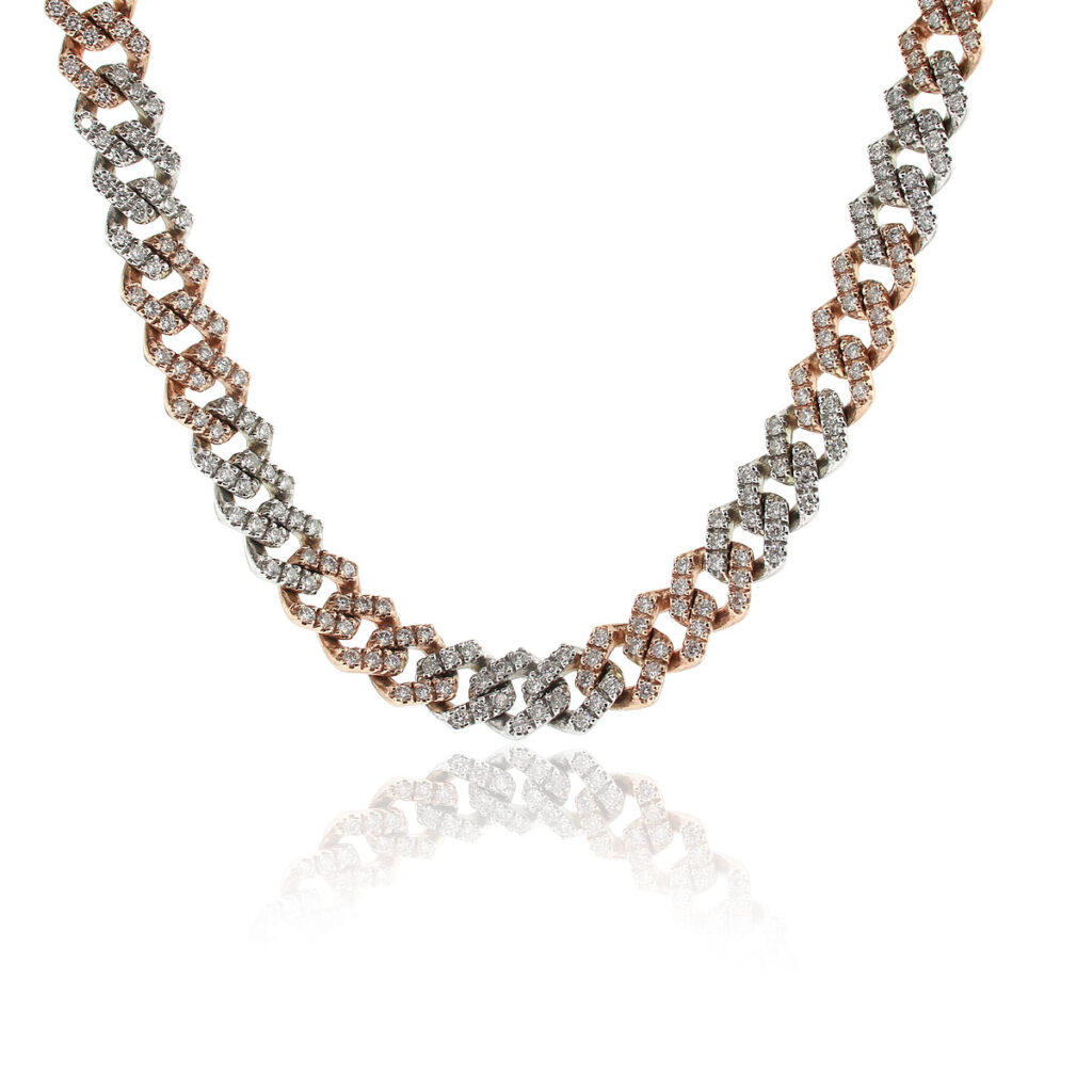 14k Two Tone White and Rose Gold 13.03ctw Diamond Pave Cuban Chain Necklace