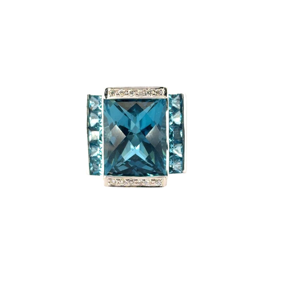 18k White Gold Blue Topaz and Diamond Ring